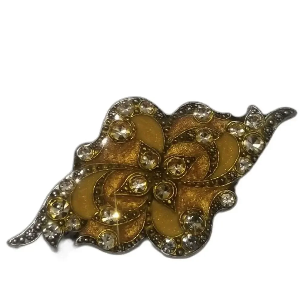 1960s Enamel Crystal Adorned Floral Yellow Wide Silver Tone Abstract Brooch